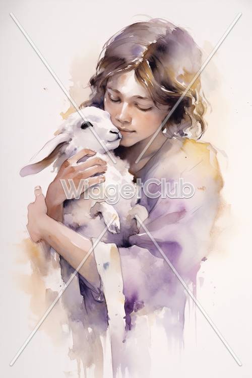 水彩画で描かれた女の子と子羊の壁紙