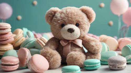 Boneka beruang Kawaii berwarna teal yang lucu dan lucu duduk di antara tumpukan makaron pastel, di ruangan yang dipenuhi mainan lembut dan mewah.