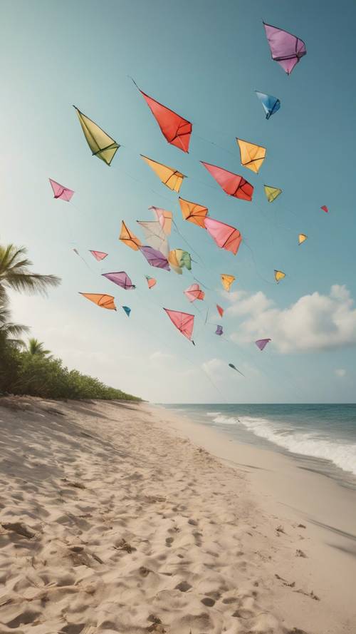 Летающие воздушные змеи разных форм и цветов украшают ясное небо над тропическим пляжем.