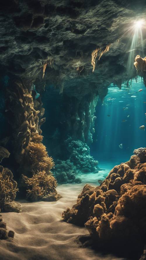 Une grotte sous-marine mystique habitée par des poissons bioluminescents.