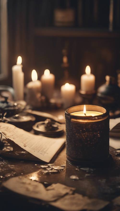 Cluttered desk in a dimly lit room full of dust with a solitary candle burning.