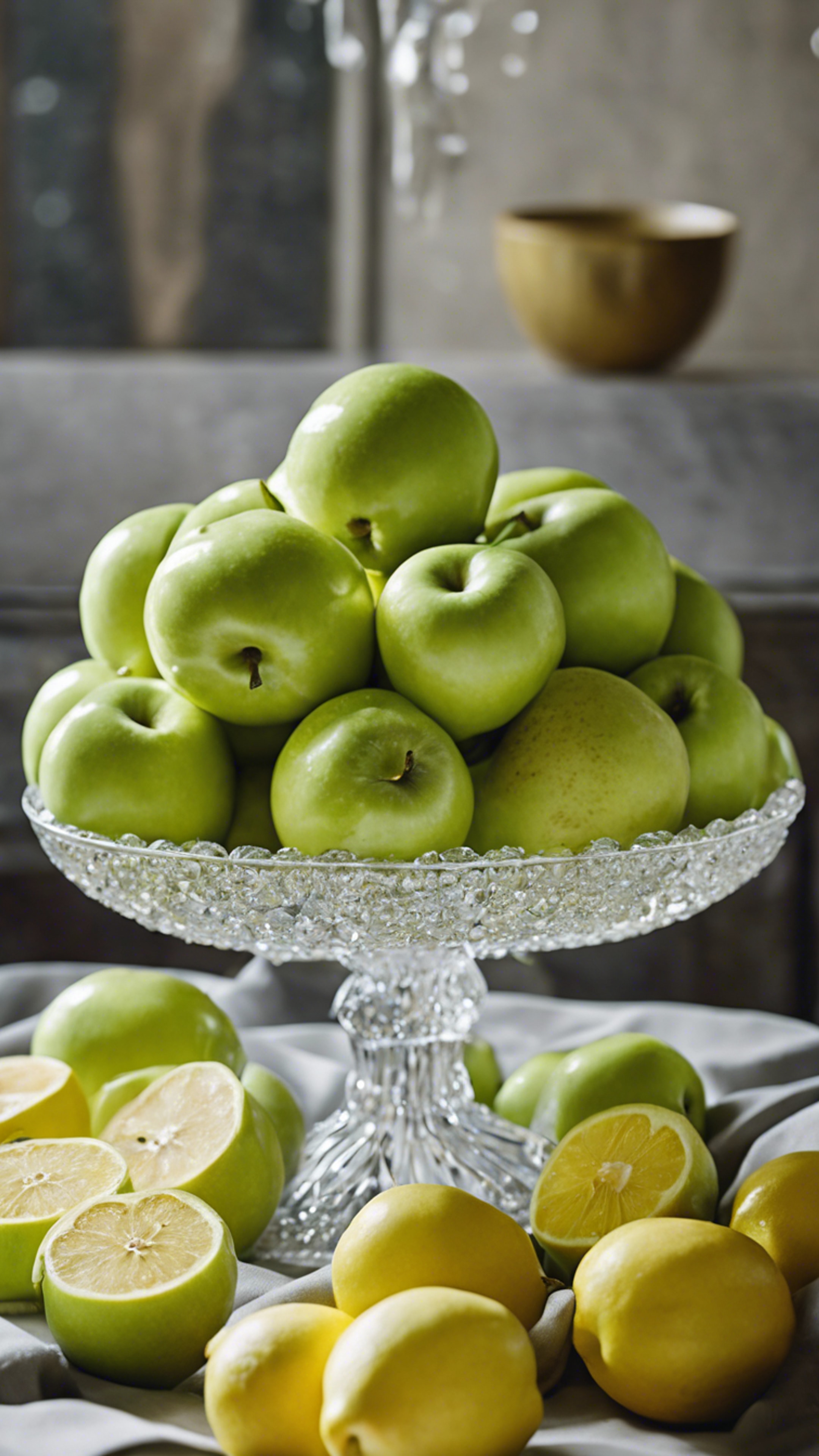 A still life of green apples with yellow lemons arranged in a crystal bowl. Wallpaper[302de0b01c49464c843a]