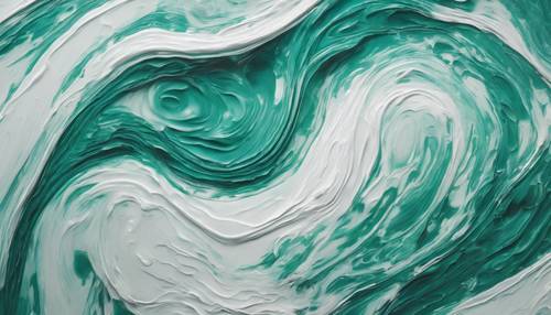 Una pintura al óleo abstracta que presenta patrones en espiral de color verde azulado y blanco suave.