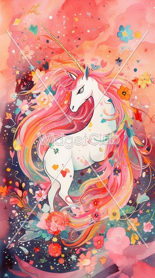 Unicorn Berwarna-warni dengan Bunga dan Bintang