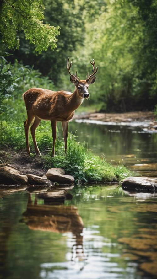 A wildlife scene of a deer drinking from a clear stream surrounded by lush greenery.