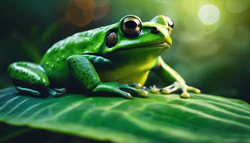 一只鲜绿色的热带青蛙坐在龟背竹的叶子上，在月光下闪闪发光。