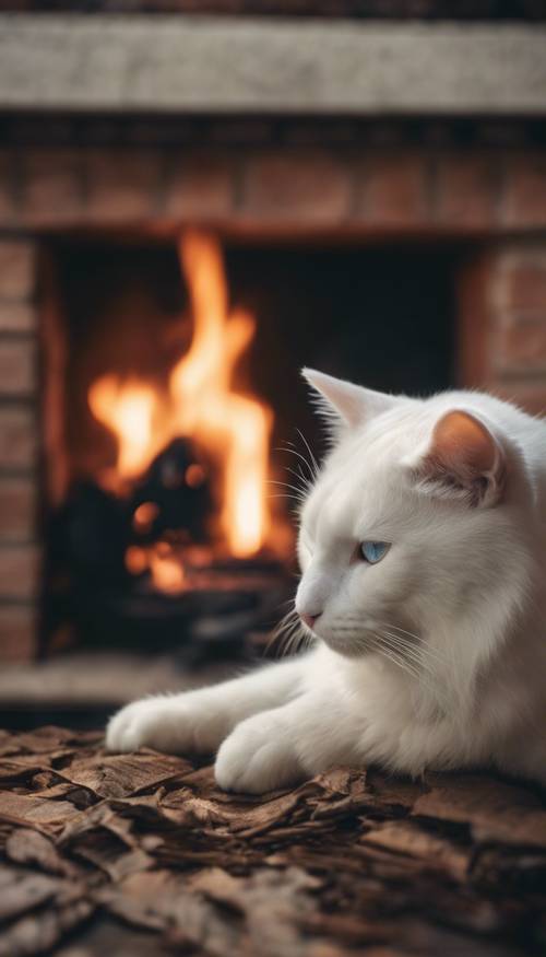 A white cat with black, heart-shaped patch, dreaming next to a crackling fire in a rustic fireplace.