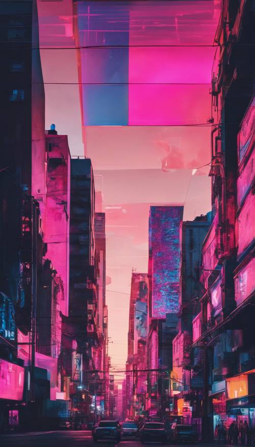 夕暮れ色に照らされた幾何学模様のネオン都市風景の壁紙