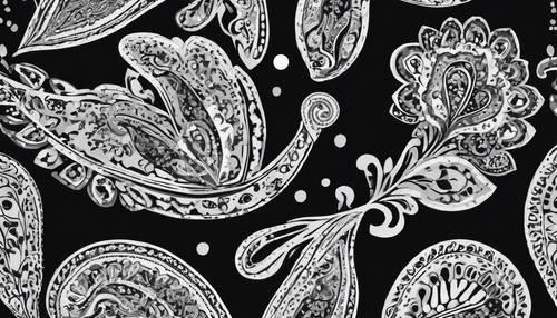 Design paisley monocromático em preto e branco com alto contraste.