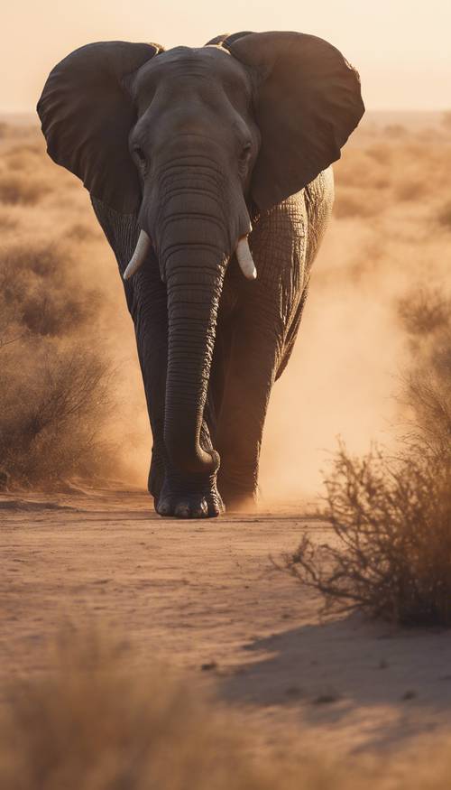 Dos enormes elefantes africanos caminan lentamente por la escasa sabana, mientras un sol poniente ilumina sus siluetas.