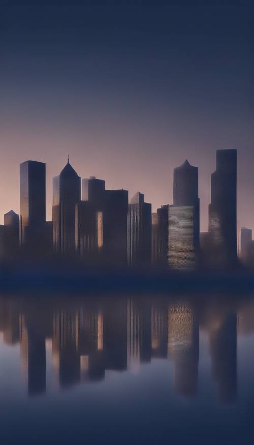 A city skyline reflected on a textured navy blue lake at dusk.