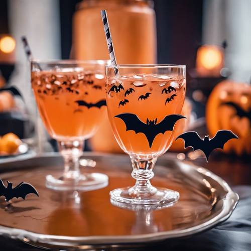 Bicchieri da cocktail analcolico guarniti con mescolatori a forma di pipistrello durante una festa di Halloween in un&#39;elegante scuola privata. Sfondo [c63aaa23c86e4987b4c3]