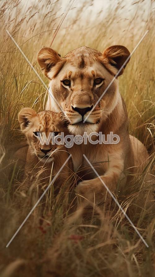 Löwe und Jungtier in freier Wildbahn