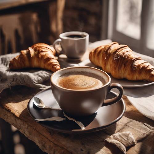 Ein Frühstückstisch im rustikalen Stil mit einer stilvollen braun gestreiften Keramiktasse voller dampfendem heißen Kaffee und frisch gebackenen Croissants.