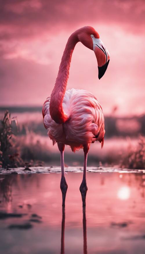 Flamingo merah muda cerah berdiri di kolam reflektif perak saat senja.