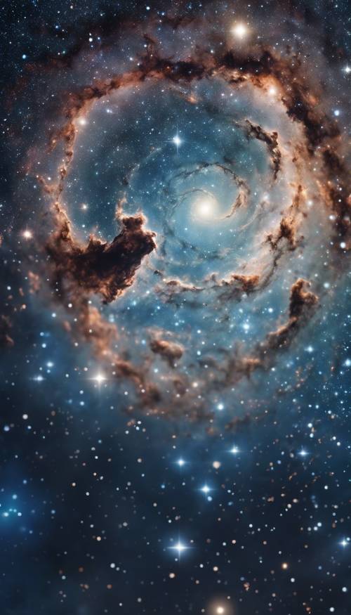 Mavi bir galaksiyi ve uzak yıldızları içeren yıldızlararası bir görünüm.