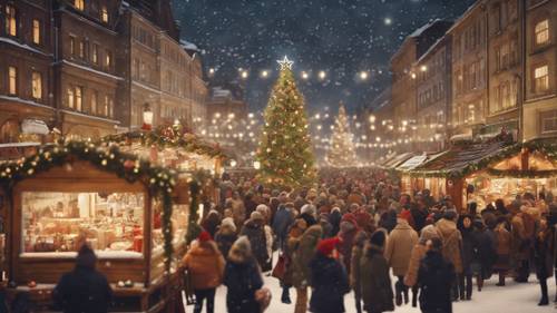 Sebuah lukisan vintage tentang pemandangan pasar Natal yang ramai, menampilkan pohon yang dihias di alun-alun kota yang dikelilingi oleh orang-orang yang bersorak saat liburan.