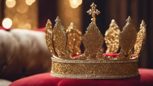 Una majestuosa corona hecha enteramente de purpurina dorada, colocada sobre un cojín rojo real.