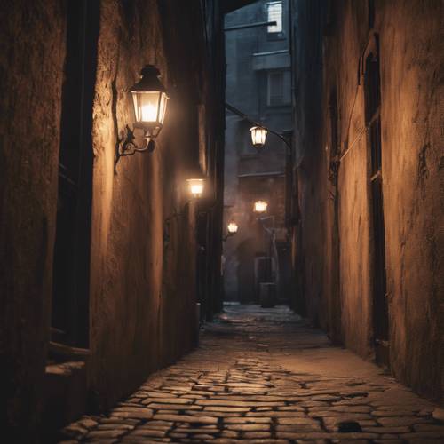 A narrow, desolate alleyway under the eerie light of a smoky gas lamp. Tapeta [c886f265dea7466fa0a3]