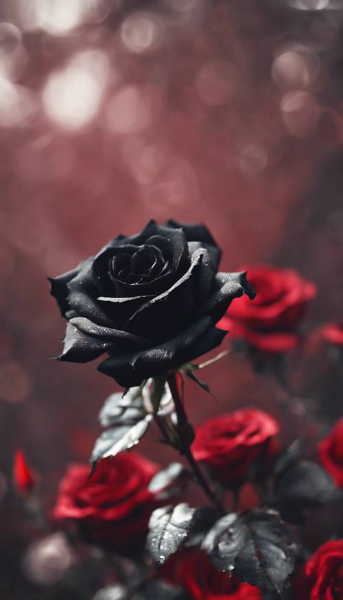 Imagem ampliada de uma rosa negra com pontas vermelhas carmesim, com fundo gótico.