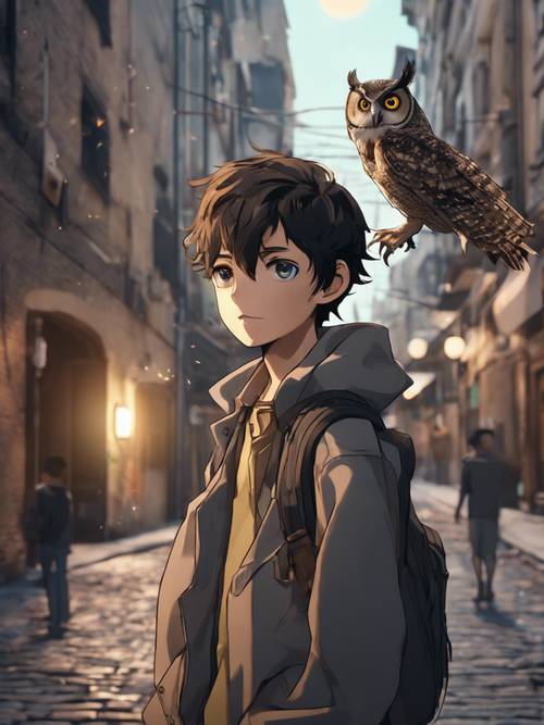 Một cậu bé anime với một con cú đậu trên tay, đang bước đi trong một thành phố cổ kính có ánh đèn đường phố.