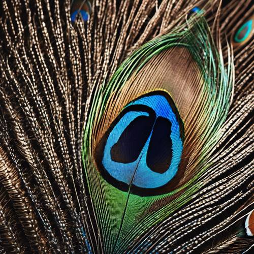 藍色和棕色孔雀羽毛的特寫。