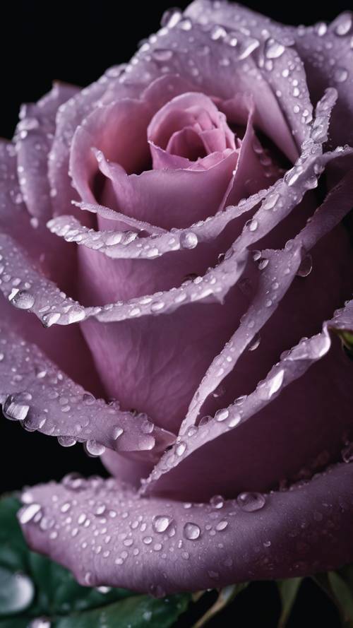 Una sola rosa violeta pastel con gotas de rocío, aislada sobre un fondo negro contrastante.