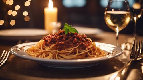 Adegan makan malam romantis yang menampilkan sepiring spaghetti bolognese yang diterangi cahaya lilin untuk dua orang.