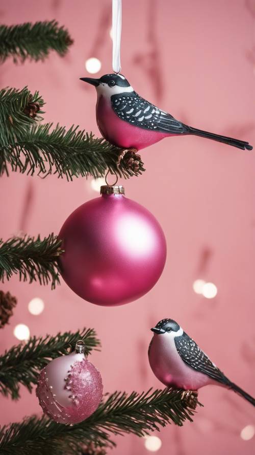 A playful scene of birds perched on pink Christmas ornaments.