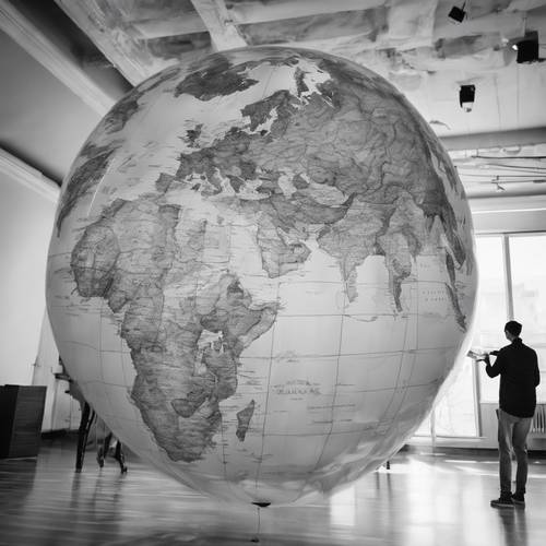 Um mapa mundial em tons de cinza desenhado em um balão gigante.