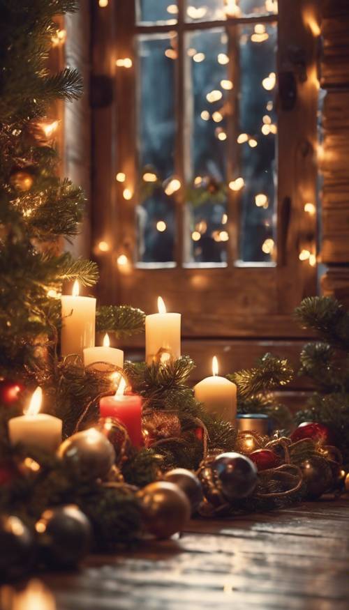 A warmly inviting scene of a vintage candle-lit porch decorated with bells and garlands welcoming Christmas. Wallpaper [461dfebce3624512960f]