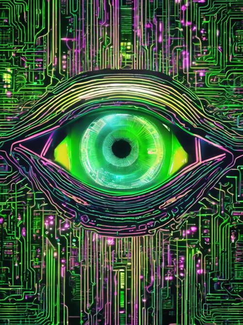 Eine Nahaufnahme eines kybernetischen Auges, das eine Reihe neongrüner Daten reflektiert.