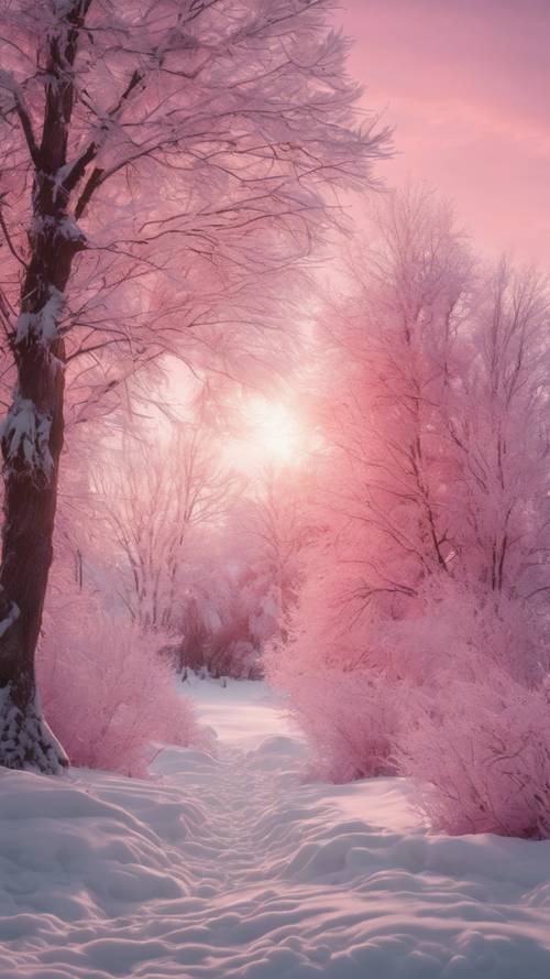 Uma paisagem de inverno nevada iluminada por um nascer do sol em tons de rosa.