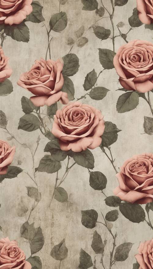 Elegante papel pintado con estampado de rosas vintage y aspecto desgastado y desgastado.