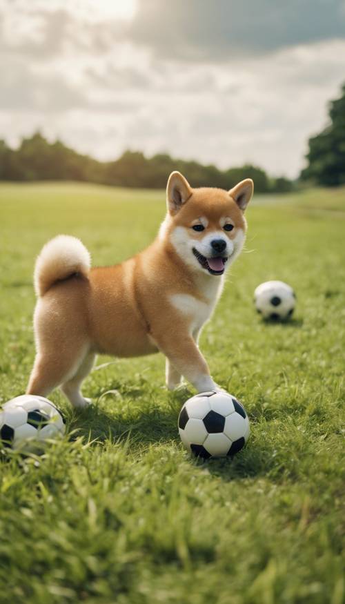 Một nhóm chó Shiba Inu lông xù màu nâu vàng đang chơi bóng đá trên cánh đồng xanh vào buổi chiều.