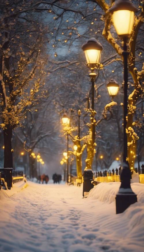 夕暮れ時の寝静まった公園に雪が積もる道を照らす街灯の黄色い輝き