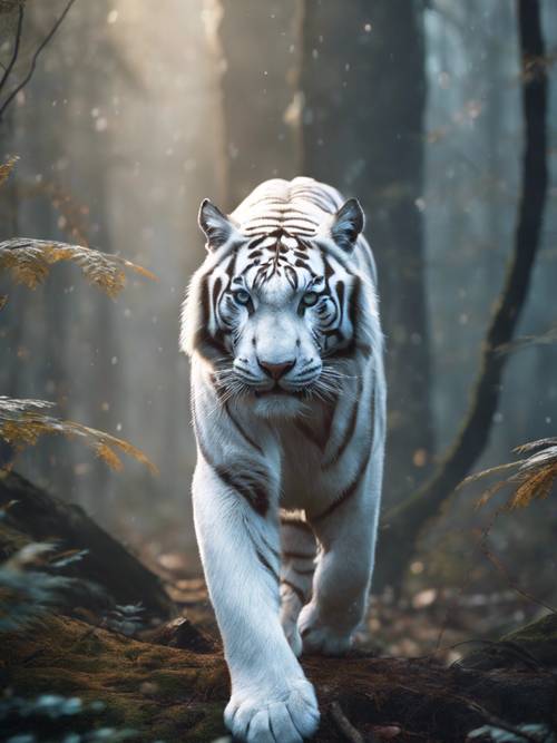 Мистическая сцена белого тигра со светящимися глазами и волшебными рунами на шерсти, маячащего в туманном лесу.