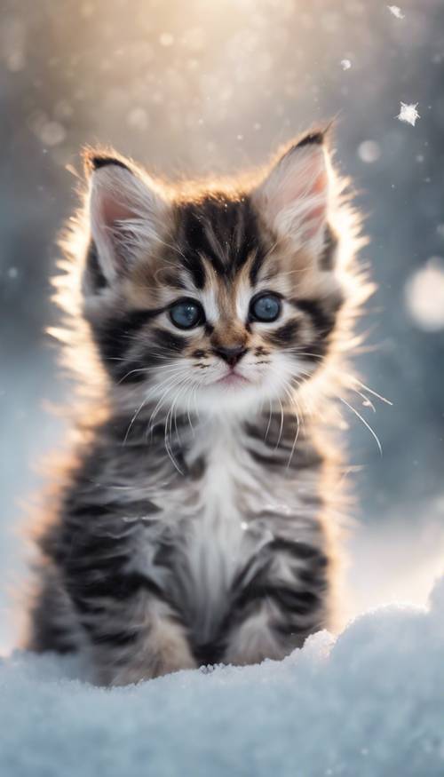 An adorable, small-breed kitten with ombre fur that changes from deep gray at the top to snow white at its paws.