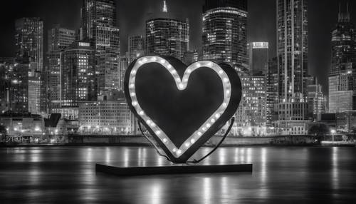 Um letreiro luminoso vibrante em forma de coração dos anos 50, brilhando contra uma paisagem urbana em preto e branco.