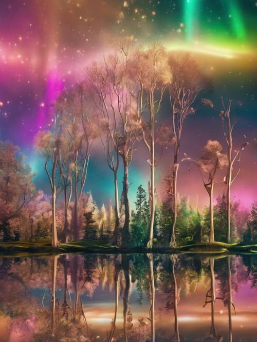 Ein surrealer Traum mit einem gläsernen Wald unter einem regenbogenfarbenen Polarlichthimmel.