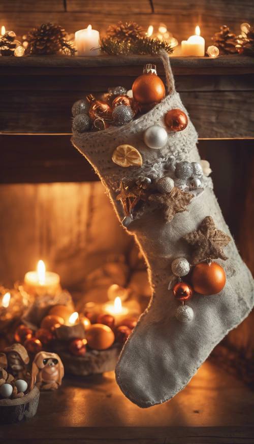 Retro Christmas stocking filled with oranges, nuts, and small toys hanging on a rustic wooden mantle.