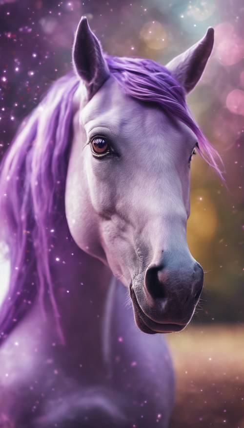 Unicornio morado con ojos brillantes mirando un arco iris distante.