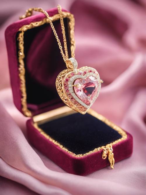 Um delicado colar de diamantes rosa em forma de coração em uma caixa de veludo.