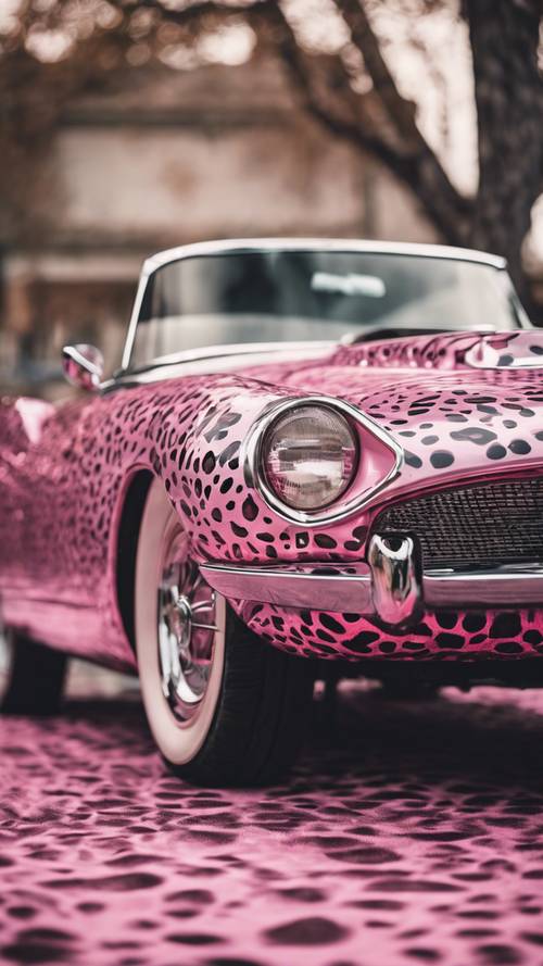 Z zewnątrz zabytkowy samochód pokryty błyszczącym, metalicznym nadrukiem różowego geparda.