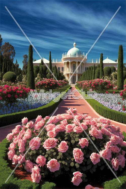Title: Elegant Garden Path Leading to a Grand Dome Building