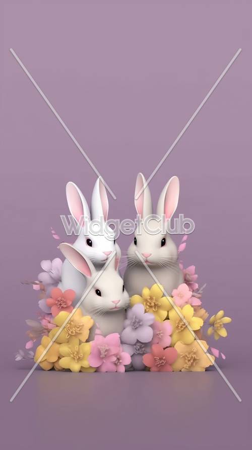 화려한 꽃 배경으로 귀여운 토끼 가족