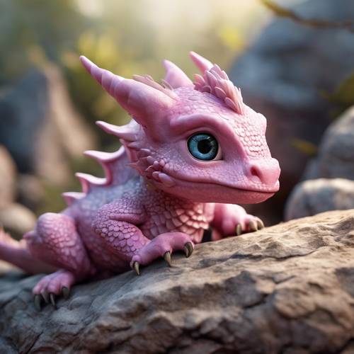 A drawing of a shy, pink-scaled baby dragon hiding behind a rock.