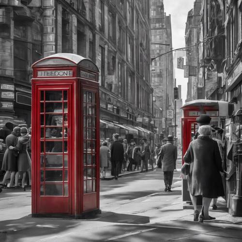 A black and white picture of a busy city street in the 1960s, with one characteristic iconic red phone booth.