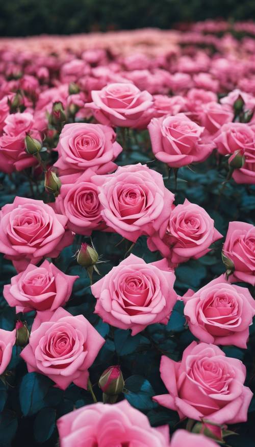 Fileiras de rosas cor de rosa escuras em plena floração sob o céu azul.