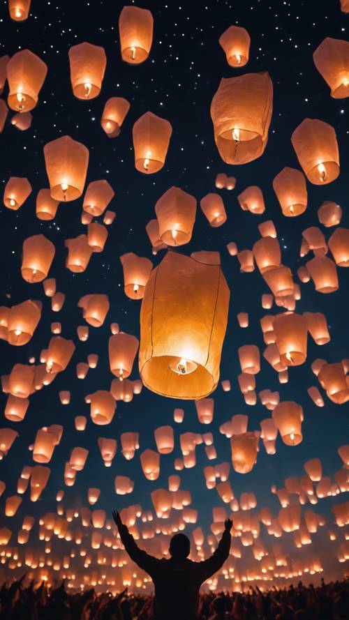 A sky lantern made of thin rice paper, glowing brightly in a dark, starlit night ready to be released into the sky.